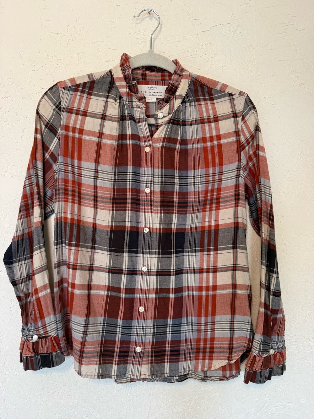 Trovata Birds of Paradis XS Orange Black Plaid Button-Down Ruffle Collar Shirt
